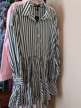 NWT Maje Green White Stripe Mini Fluted Skirt Long Sleeve Dress